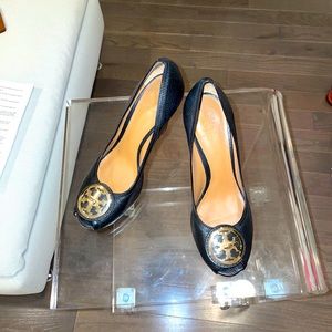 Tori Burch black leather peep toe wedge heel